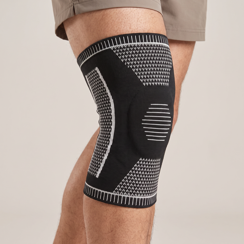 תומך ברך סריג vossana בשחור, נלבש על הברך