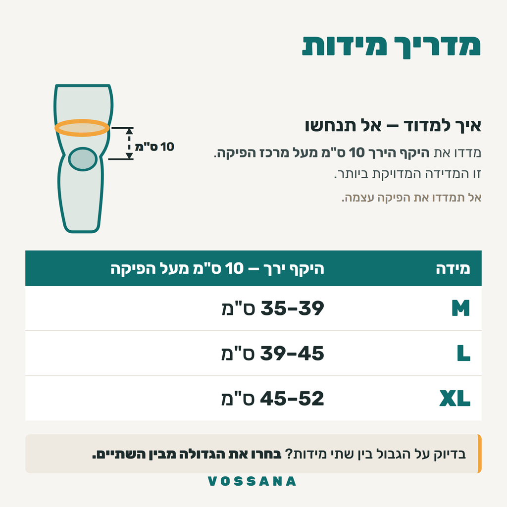 מדריך מידות — מדדו היקף ירך 10 סמ מעל הפיקה. M 35-39, L 39-45, XL 45-52